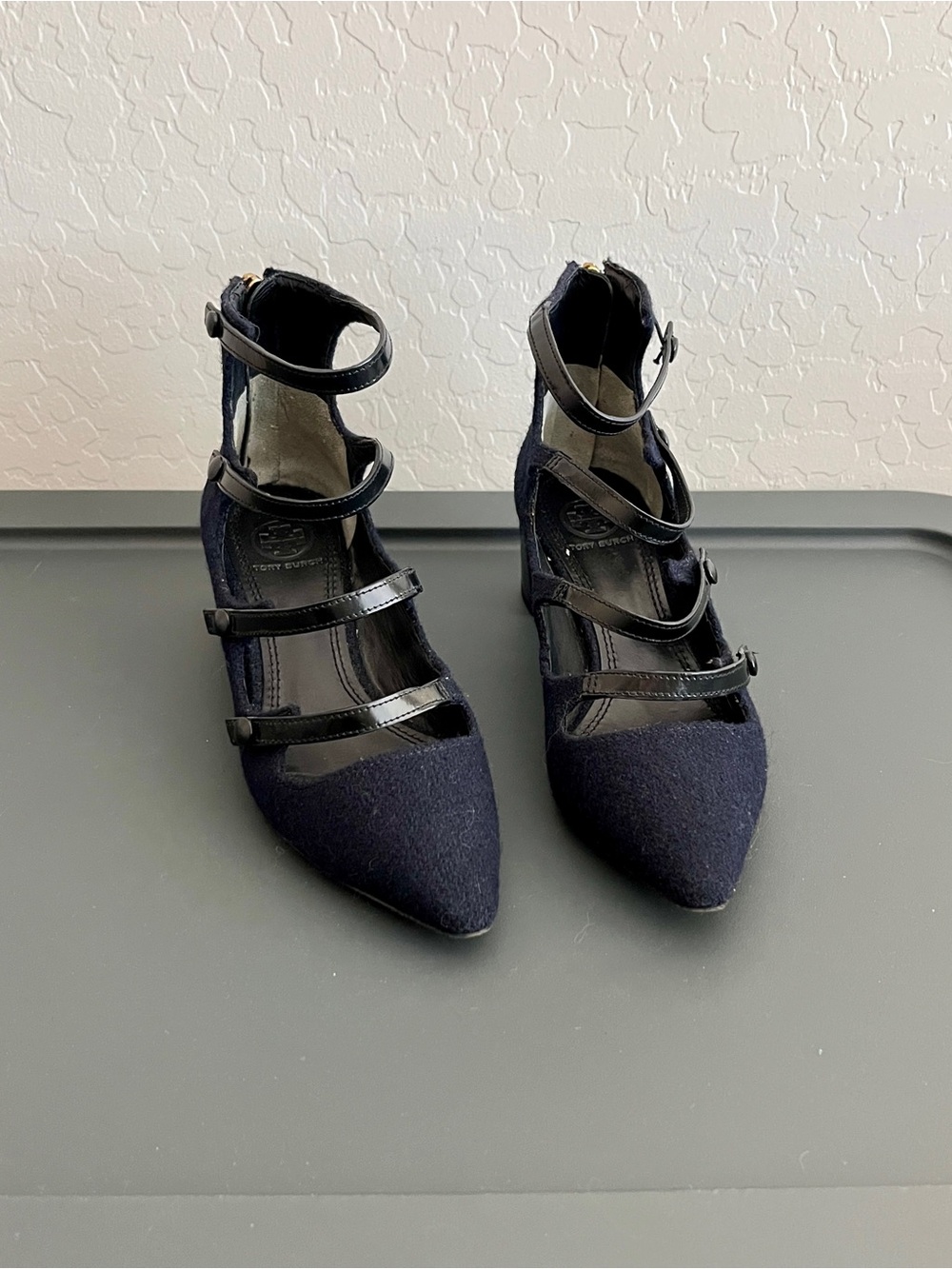 Vintage Tory Burch Navy Blue Wool Pointed Toe Strappy Ankle-Heel Pumps